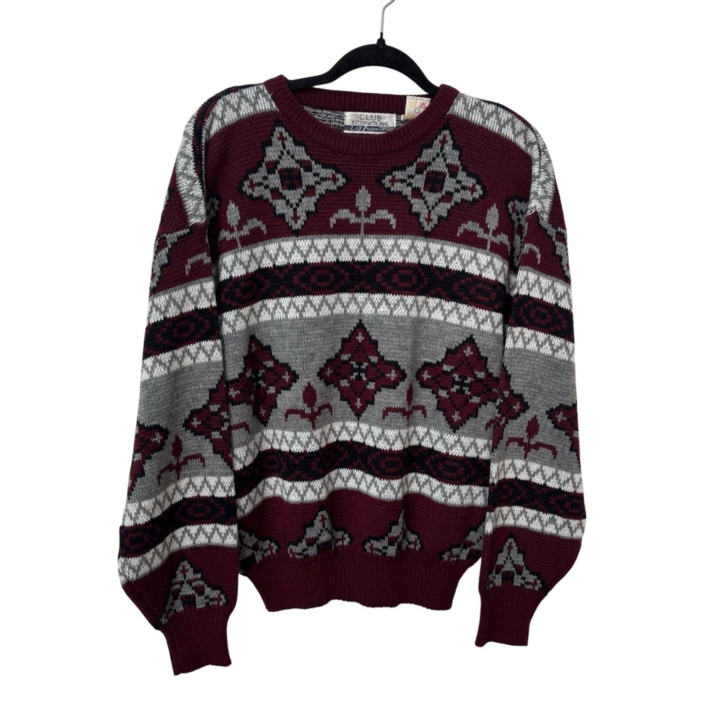 Vintage Club International Sweater Mens L Grandpa Gray Burgundy 90s Knit Cabin